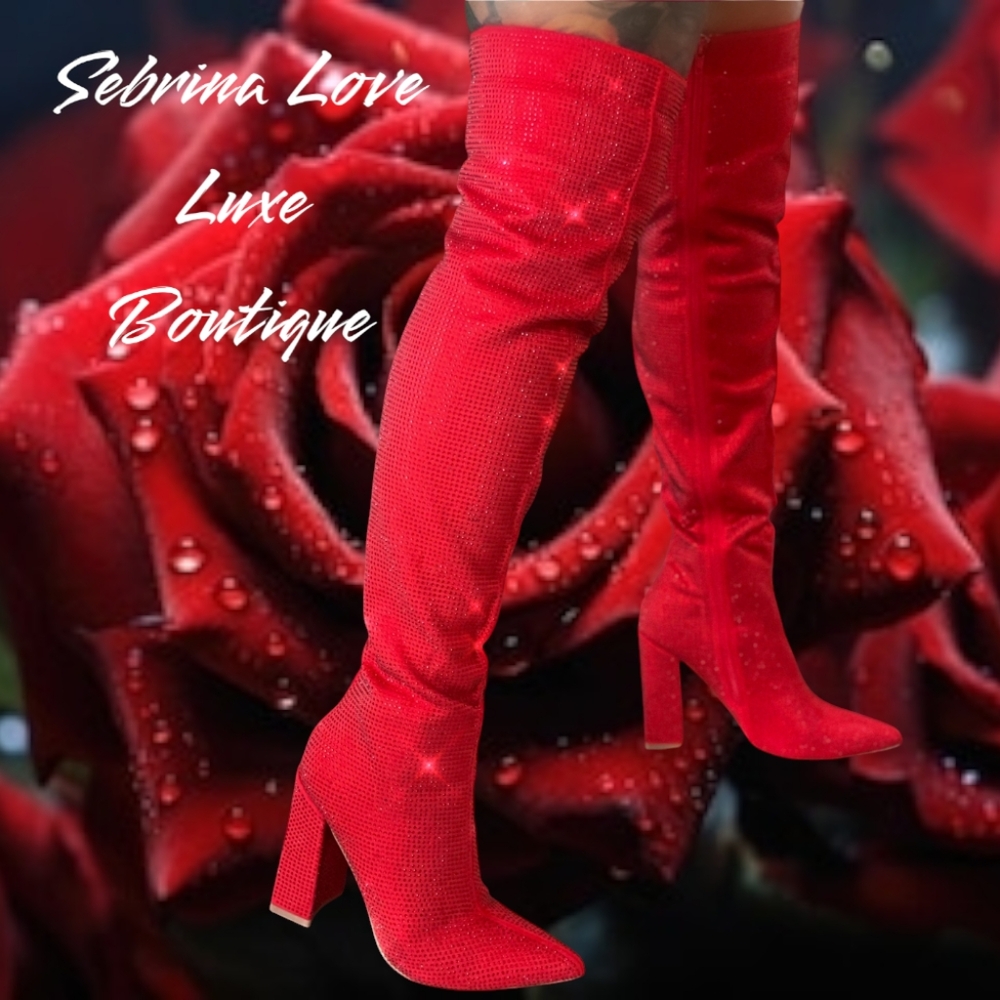 Beautiful Red Rhinestone Crystal Diamante Thigh Boots